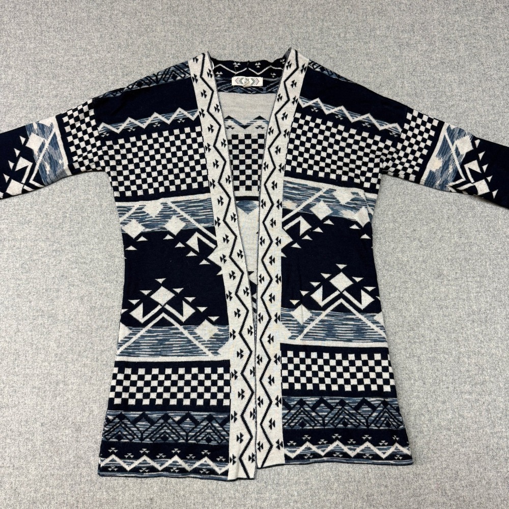 Pink Rose Cardigan Sweater Large Navy Blue White Geometric Tribal Open Front